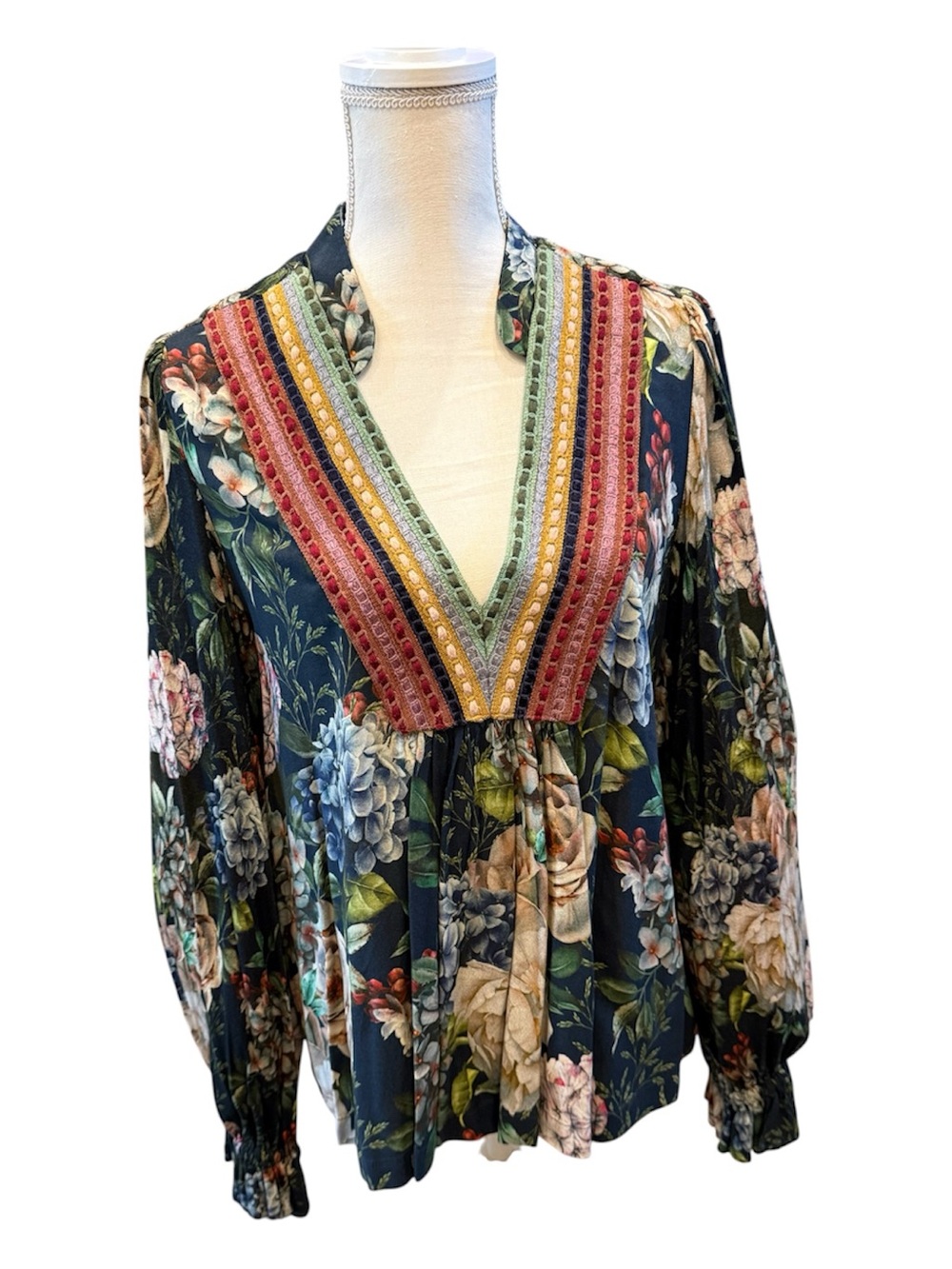 Blank London Floral V-Neck Peasant Blouse in Navy with Multicolor Trim